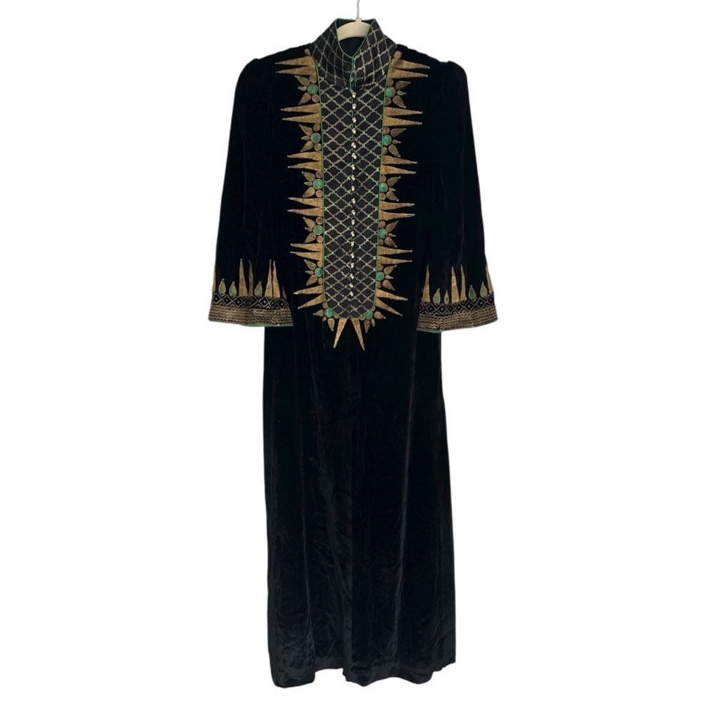 Rare Vintage Nina Morris London Black Velvet Painted Maxi Dress w/ Skull Buttons
